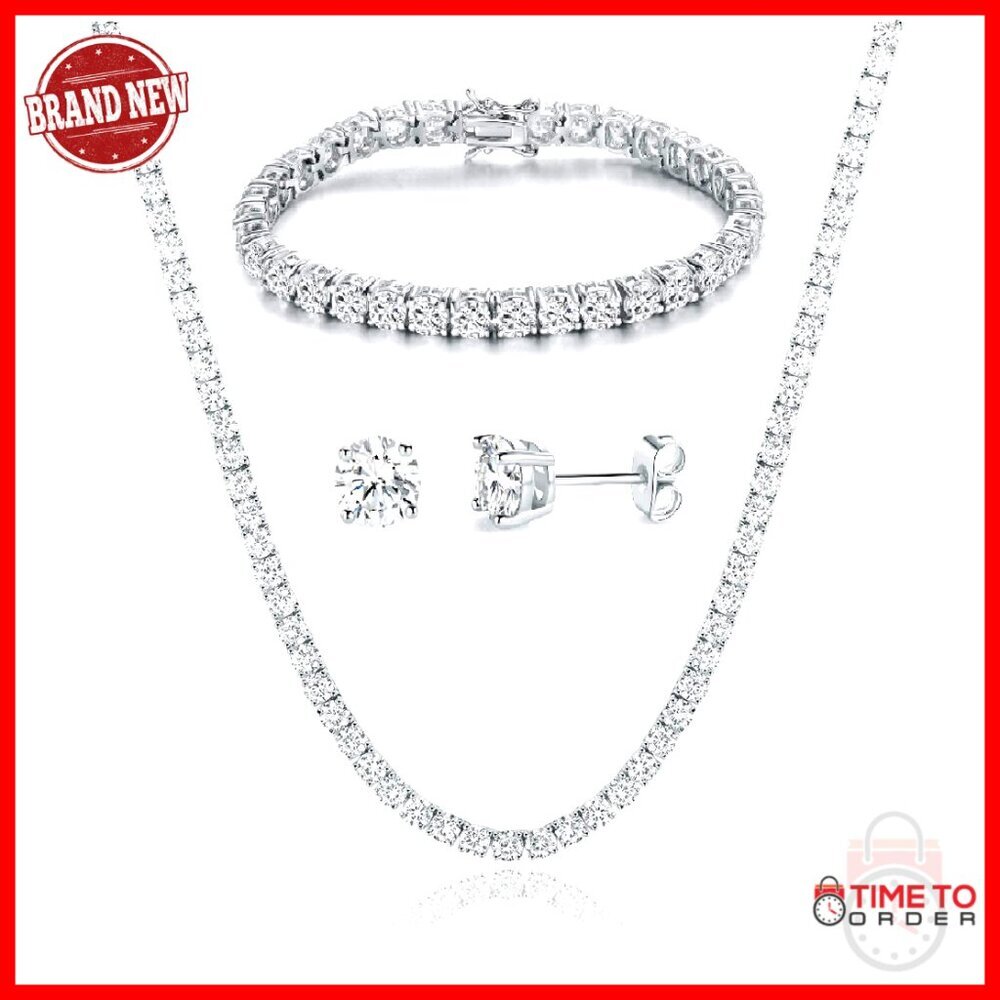 18K Gold Plated Tennis Jewelry Set Necklace Bracelet Earrings